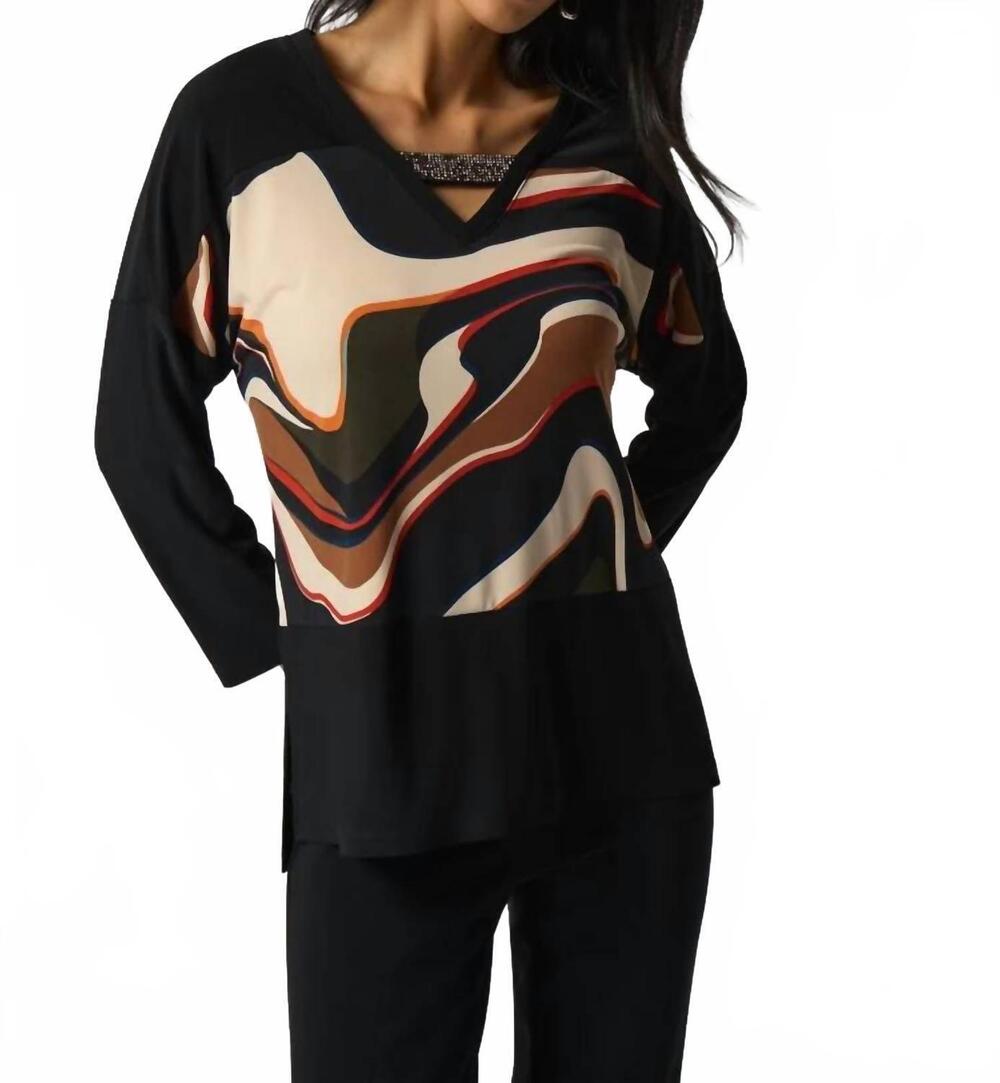 NEW JOSEPH RIBKOFF ronan rhinestone v-neck top in black multi - Picture 1 of 5